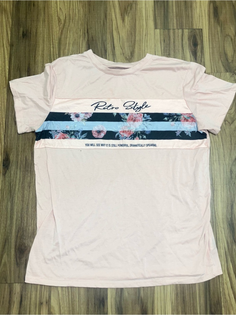 Source Unknown Pink Retro Style Floral Stripe Short Sleeve Tee
